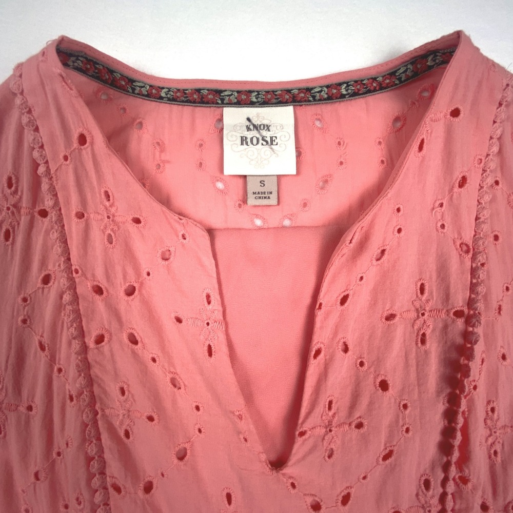 Knox Rose Womens Coral Pink Eyelet Tiered Mini Dress Short Sleeve Size S - Picture 4 of 7